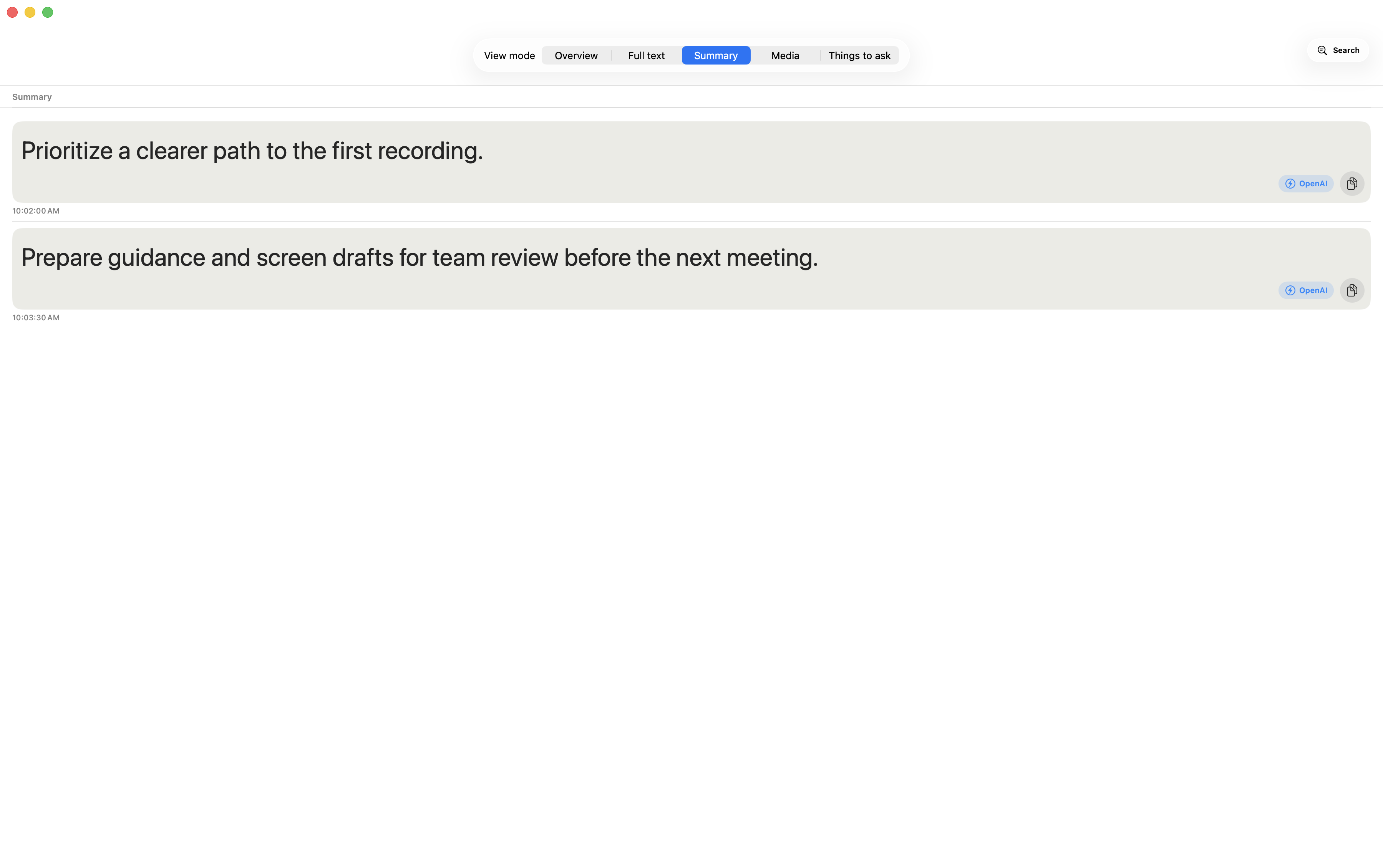 LogPon! for macOS showing timed summaries created from a transcript