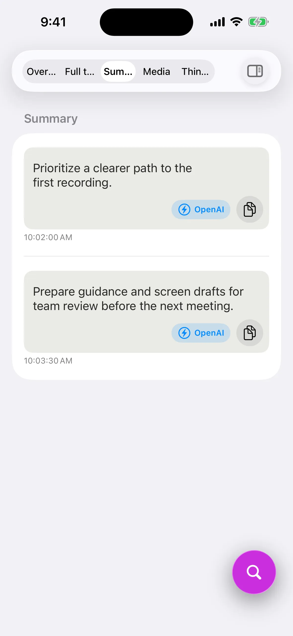 The English LogPon! iPhone screen showing timed meeting summaries and next-step notes