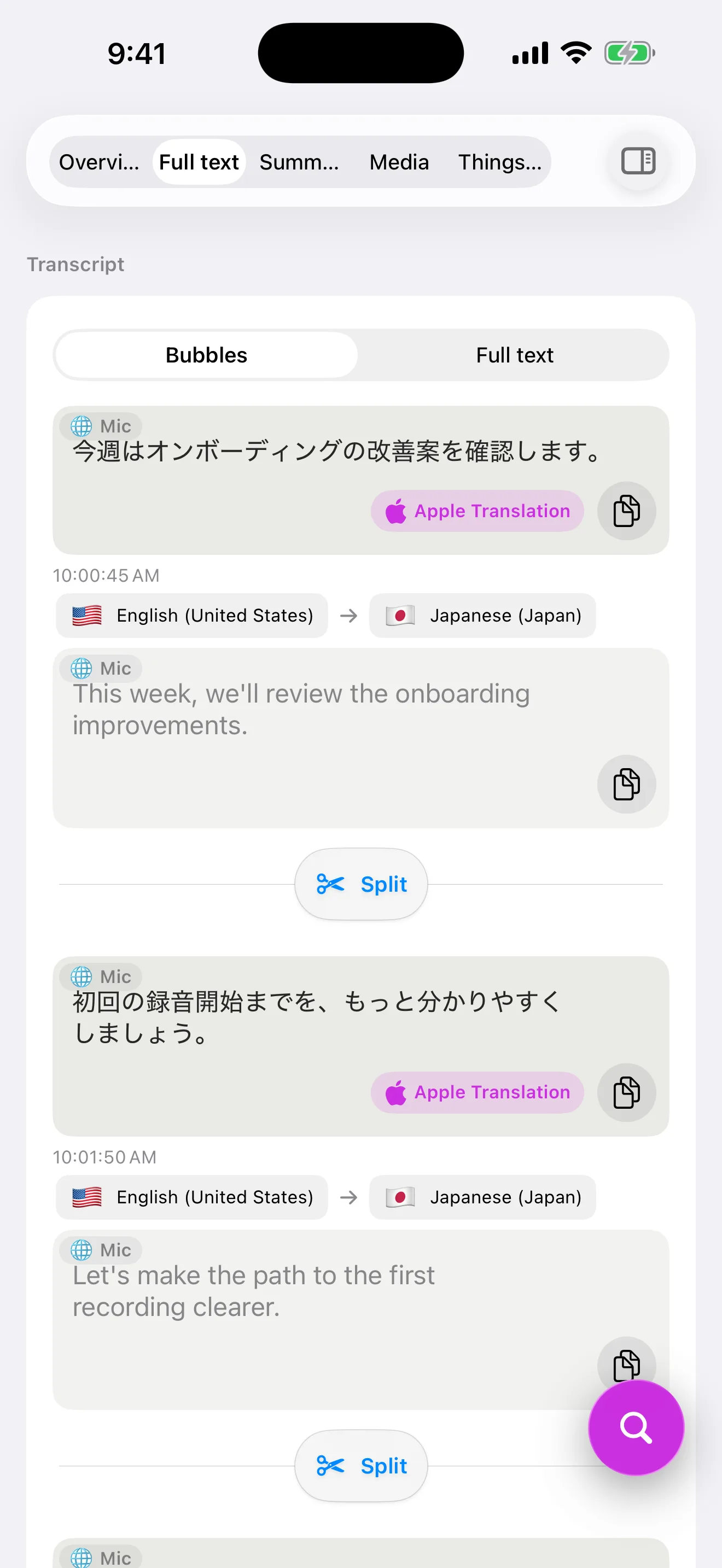 The English LogPon! transcript screen on iPhone, showing original speech and its translation together